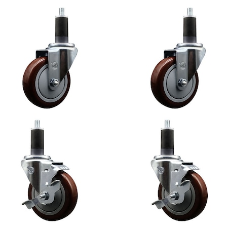 Service Caster 4'' Maroon Poly Wheel Swivel 1-1/4'' Expanding Stem Caster Set 2 Brakes, 4PK SCC-EX20S414-PPUB-MRN-2-TLB-2-114